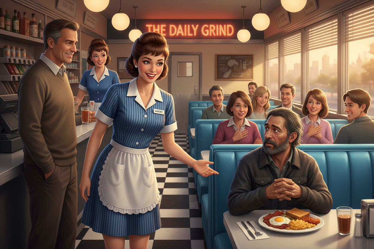 another "Pay it Forward" Image  where someone help someone else like change a buy a meal in a dinner cafe with Blue Booths and tables waitress serving the homeless person