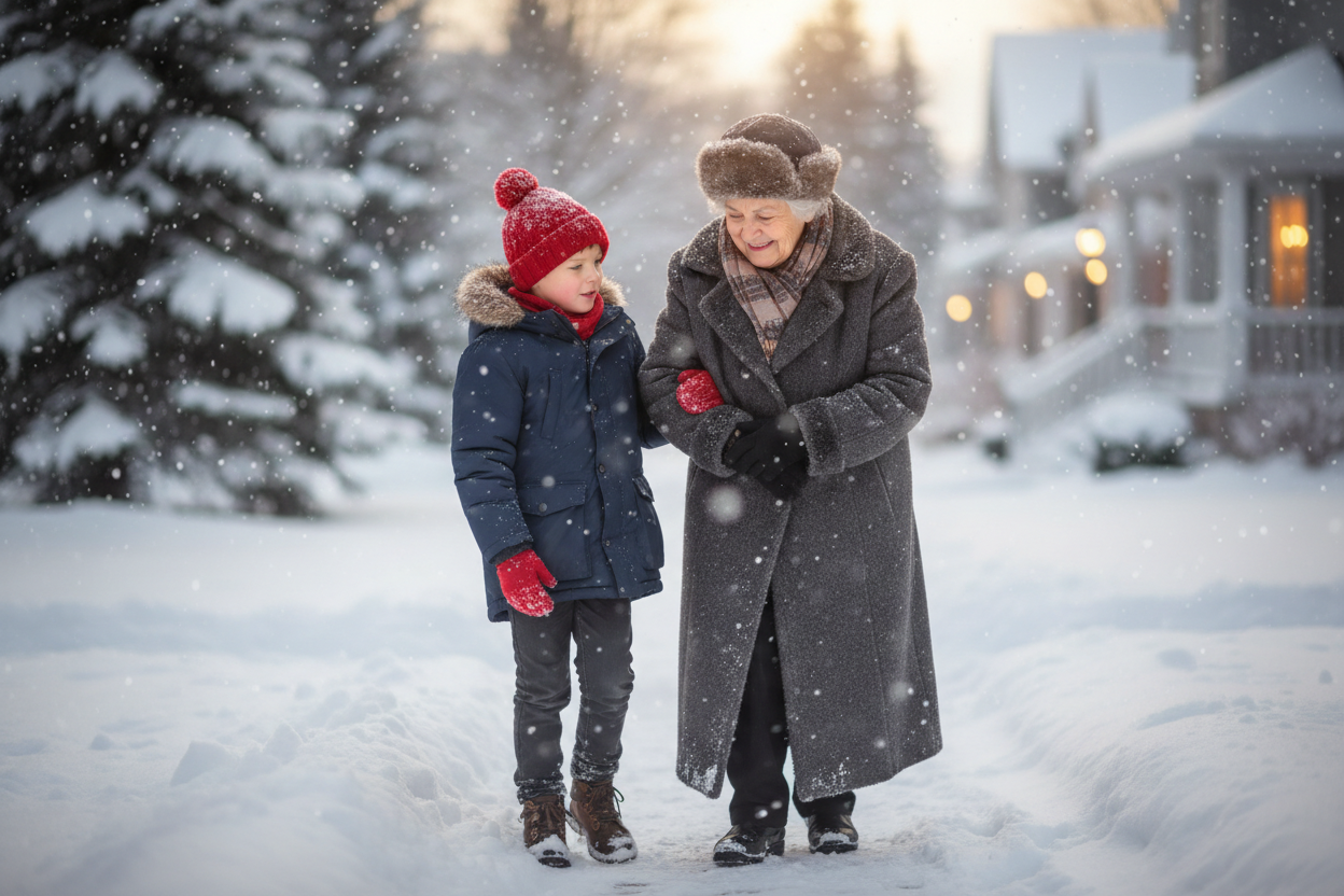 Another "Pay it Forward where young boy helping older woman in the snow