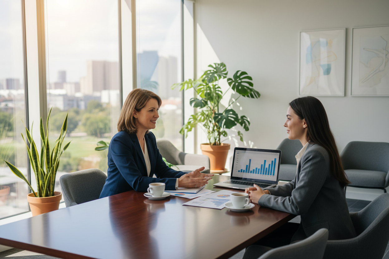 Image of BBOP Center Business  Consulting  One one One, in a Office at a table make the client a young beautiful woman age 28-35 and Good looking Professional Business Consulting leader 