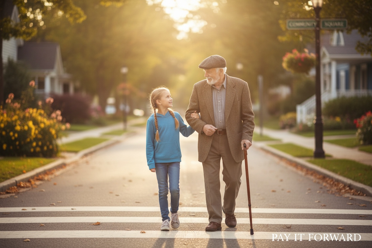 One more "Pay it Forward" image of a young girl helping a elderly man cross the street