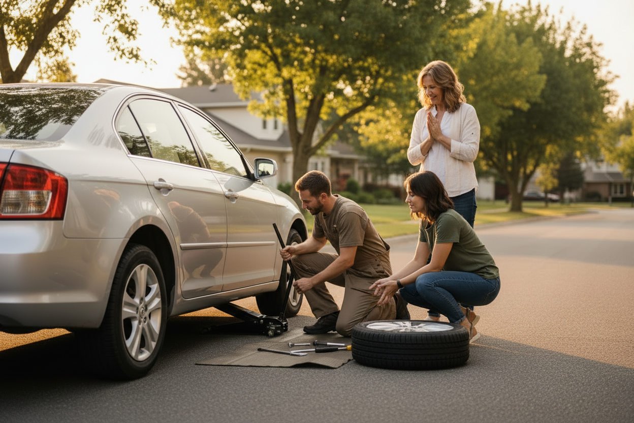 Remove the tire in the air otherwise perfect, can you make the lady older like 60 +